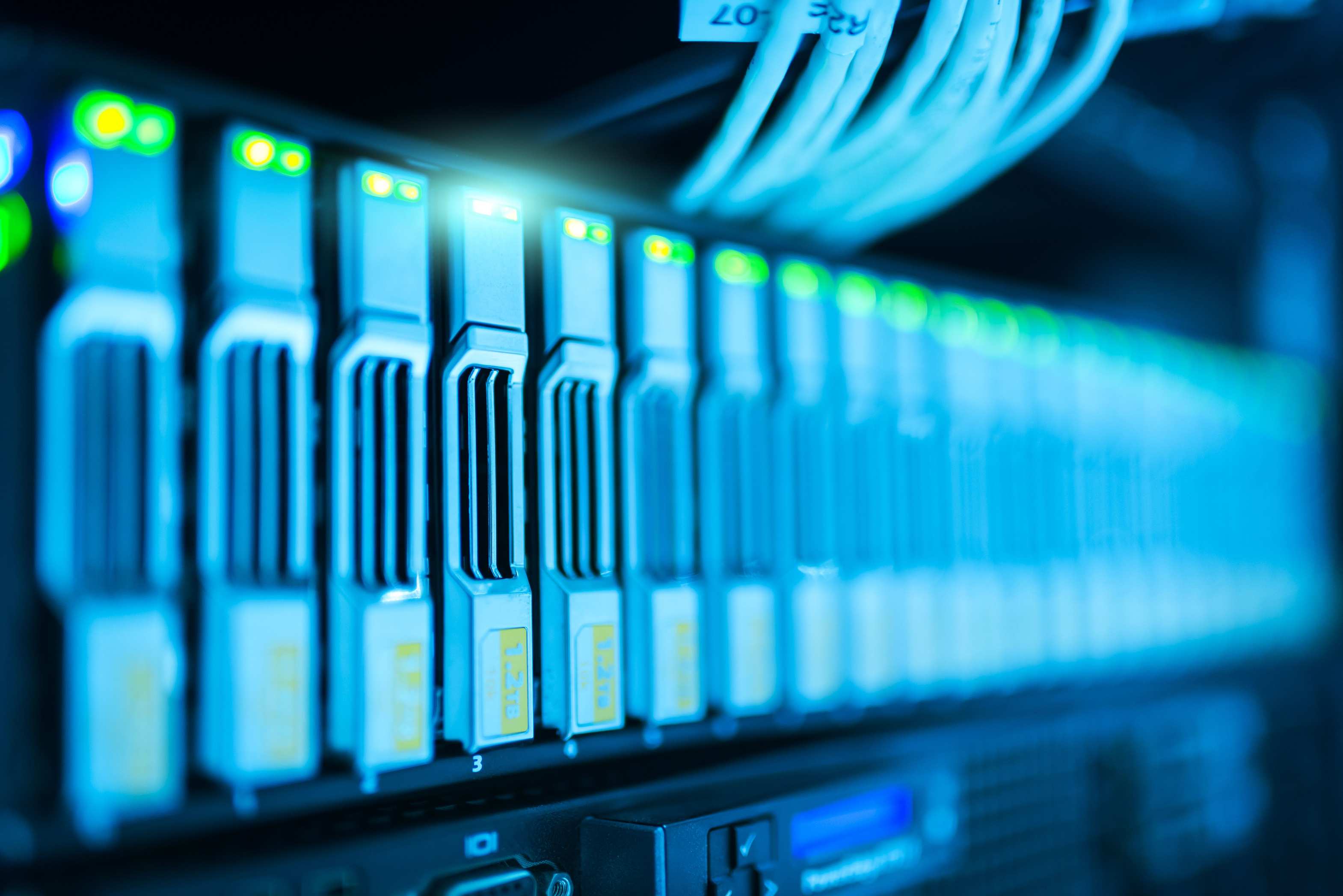 Network server rack with organized cabling in a data room